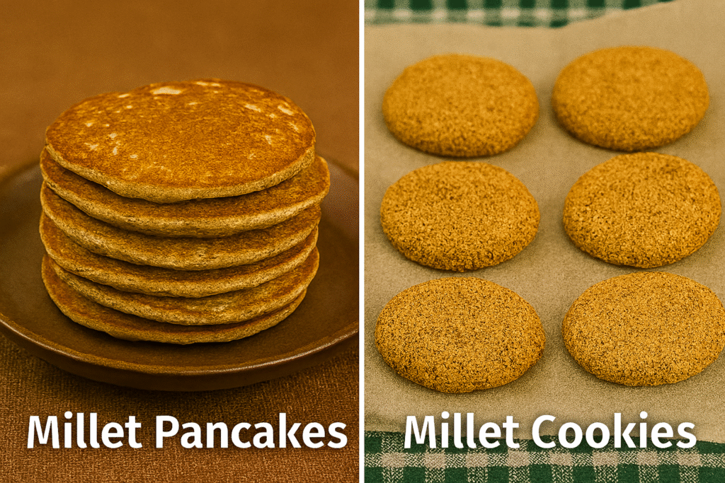 Side-by-side image of millet-based foods: a stack of golden Millet Pancakes on a brown ceramic plate (left), and six round Millet Cookies on parchment paper over a green checkered cloth (right). White text labels each dish.