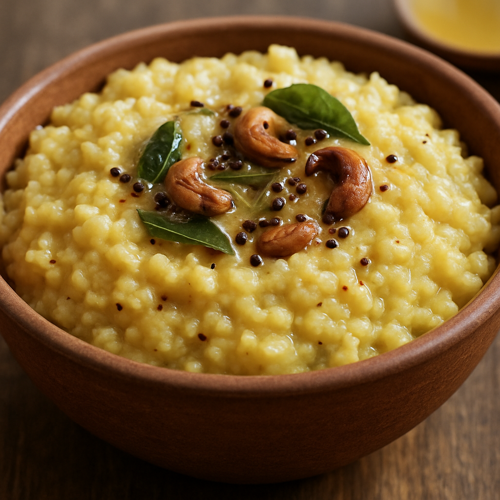 A bowl of Millet Pongal topped with cashews, curry leaves, and mustard seeds in a wooden bowl