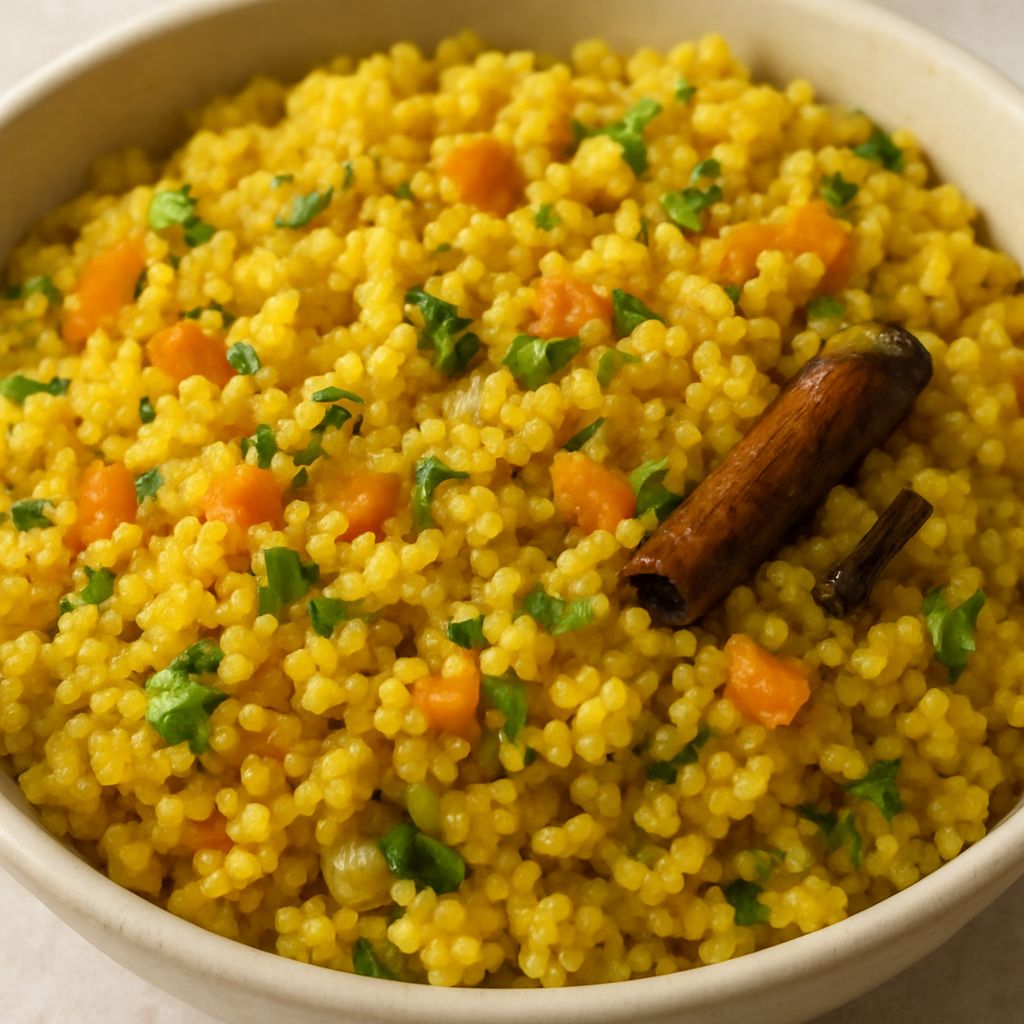 A bowl of millet pulao garnished with carrots, cilantro, and whole spices like cinnamon.