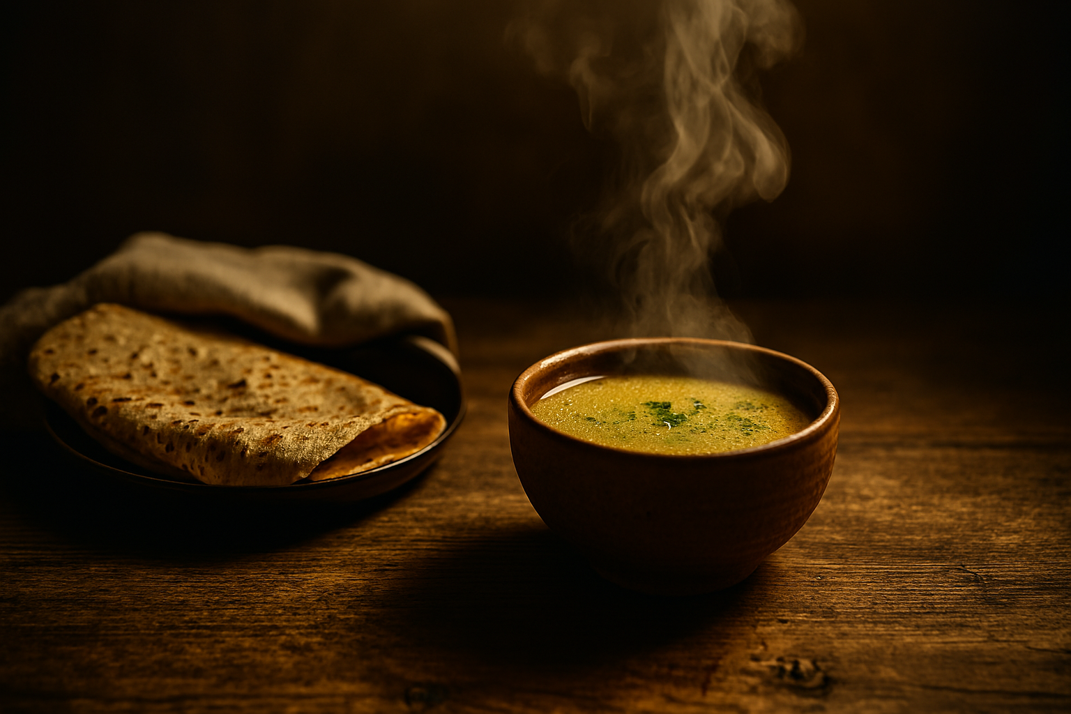 Steaming bowl of foxtail millet soup beside a gluten-free dosa and chapati on a rustic wooden table, with dramatic lighting and a shadowy background.