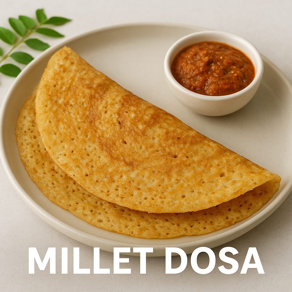 “Golden-brown Millet Dosa on a plate with chutney on the side, a nutritious and traditional South Indian breakfast.”