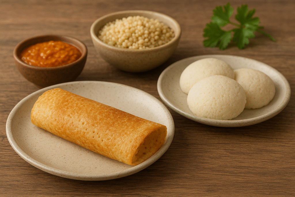 A plate with a golden crispy dosa and soft millet idlis, served with chutney and cooked millet on a wooden surface.