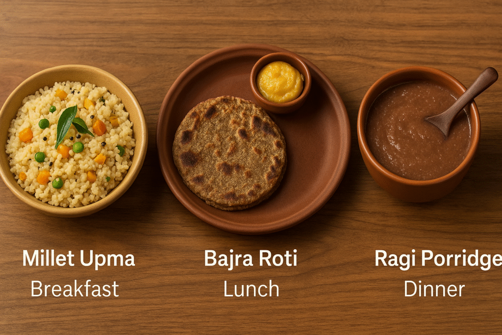 A realistic image showing three Indian millet-based dishes: millet upma with vegetables for breakfast, bajra roti with ghee for lunch, and ragi porridge for dinner, arranged neatly on a wooden table.