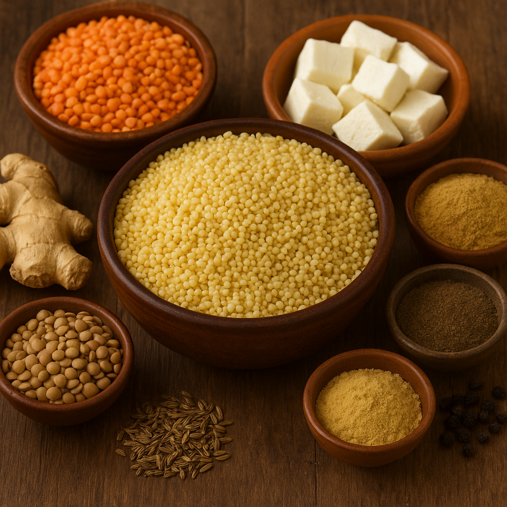 “Bowl of millet surrounded by red lentils, paneer cubes, whole lentils, fresh ginger, cumin seeds, fenugreek, and black pepper on a rustic wooden surface.”