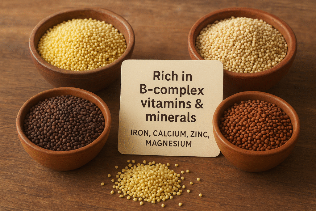 Close-up of different millet varieties in wooden bowls with a card highlighting their nutritional benefits, including B-complex vitamins, iron, calcium, zinc, and magnesium.