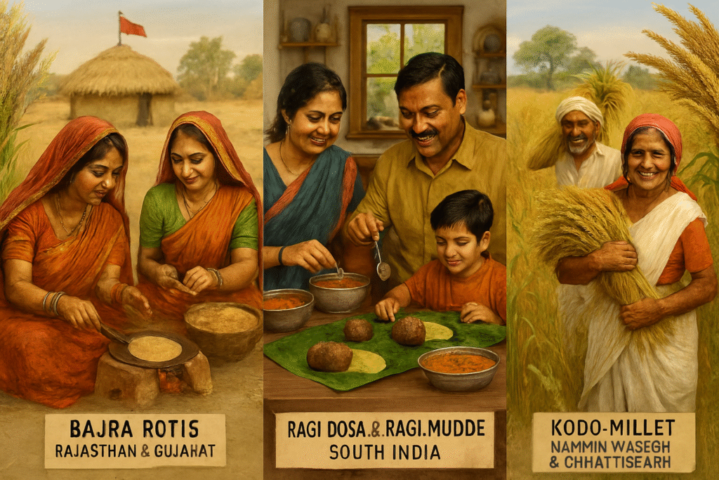 Collage-style photograph showing millet diversity across India: Rajasthani women making bajra rotis in a desert village, a South Indian family sharing ragi dosa and ragi mudde in a kitchen, and tribal farmers harvesting kodo millet in rural Madhya Pradesh and Chhattisgarh.
