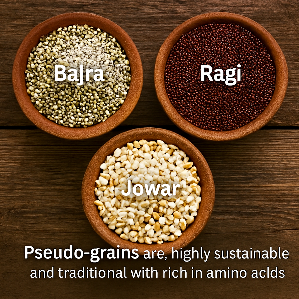 Three terracotta bowls filled with bajra, ragi, and jowar arranged on a rustic wooden surface, labeled with grain names and a caption highlighting their sustainability and amino acid richness.