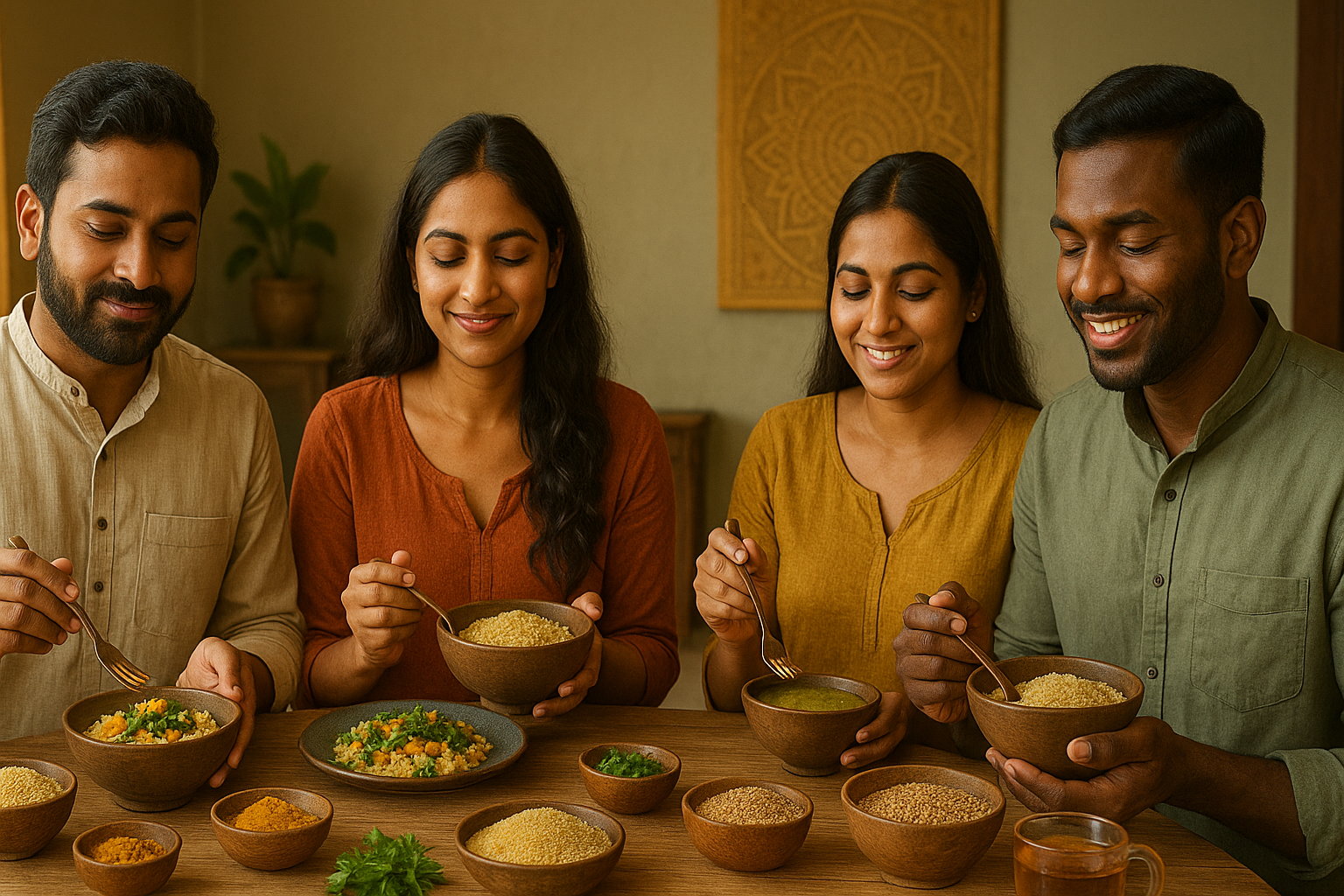 A group of Indian men and women practicing mindful eating with millet dishes, herbs, and spices on a rustic table in soft golden lighting.