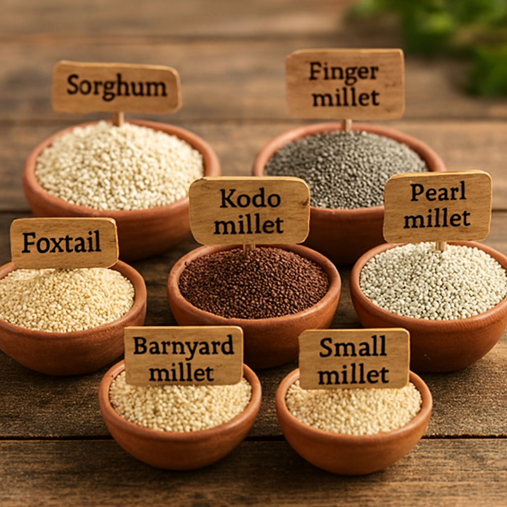 Eight small terracotta bowls filled with different millet grains—sorghum, finger millet, pearl millet, foxtail, barnyard, kodo, and small millet—each labeled with wooden tags, arranged on a rustic wooden table with soft daylight and greenery in the background.