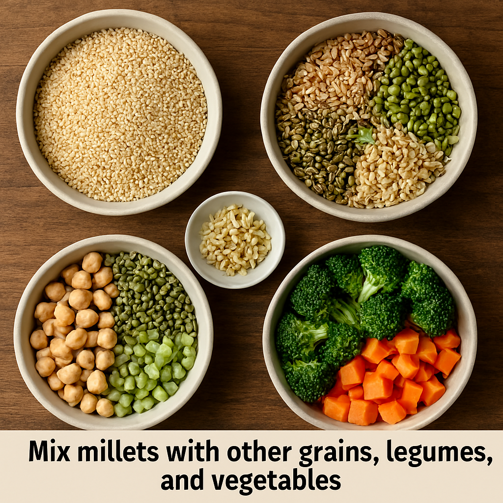 Flat lay of six ceramic bowls on a rustic wooden surface, showing soaked millet, sprouted millet, cooked grains, legumes, and chopped vegetables arranged to illustrate proper millet preparation and balanced mixing.