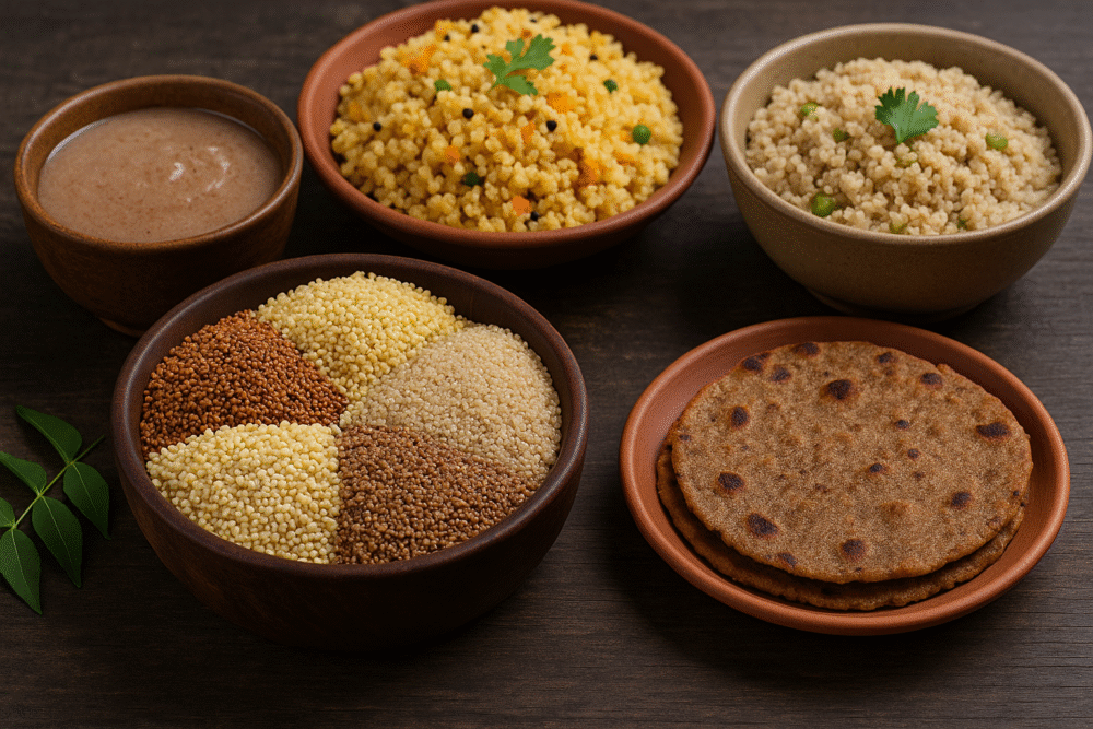 Rustic bowls filled with ragi, foxtail, barnyard, and little millets along with Indian millet dishes like porridge, upma, khichdi, and roti for weight loss and diabetes-friendly diet