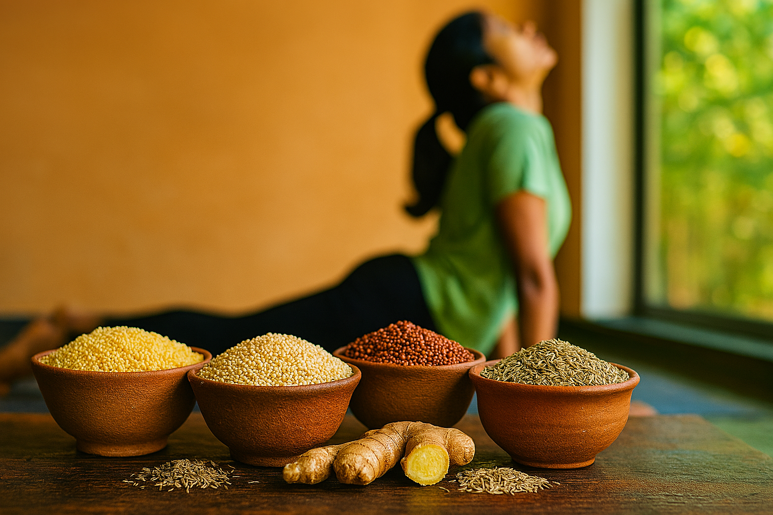 Flat-lay of four clay bowls filled with foxtail, barnyard, ragi, and bajra millets, surrounded by ginger, cumin, and ajwain on a rustic wooden table; in the softly lit background, a young Indian woman practices Surya Namaskar yoga pose near a window, symbolizing holistic wellness and natural weight loss.
