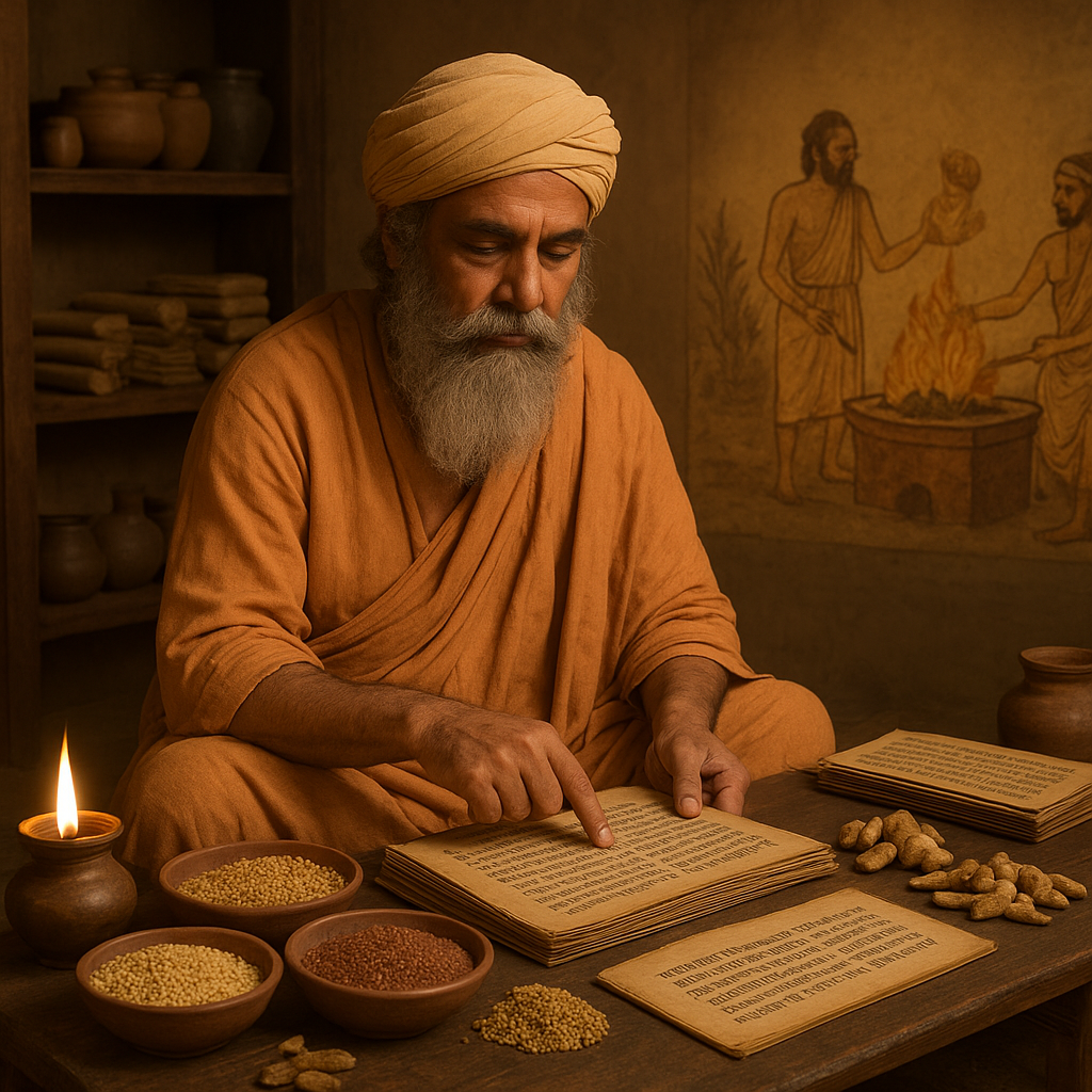 An elderly Indian sage in saffron robes reading palm-leaf manuscripts with bowls of millet grains, herbs, and an oil lamp in an ancient Ayurvedic study