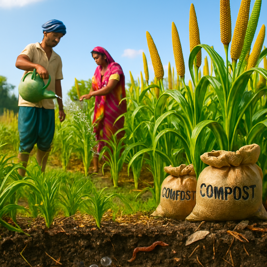 Realistic image of millet plants growing in healthy soil with visible earthworms and organic matter; two farmers water the crops using minimal water, and compost sacks replace chemical fertilizers, highlighting sustainable, low-input farming.