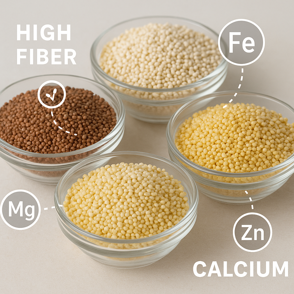 “Glass bowls filled with different varieties of millet, overlaid with infographic labels highlighting fiber, iron, magnesium, calcium, and zinc content.”