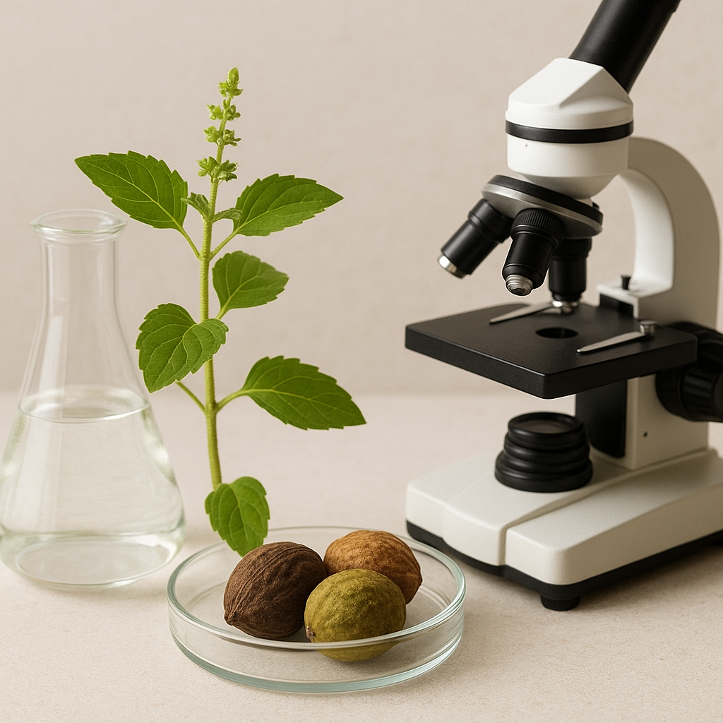 A Tulsi plant, a petri dish with Triphala fruits, a glass flask, and a microscope arranged together on a light background.