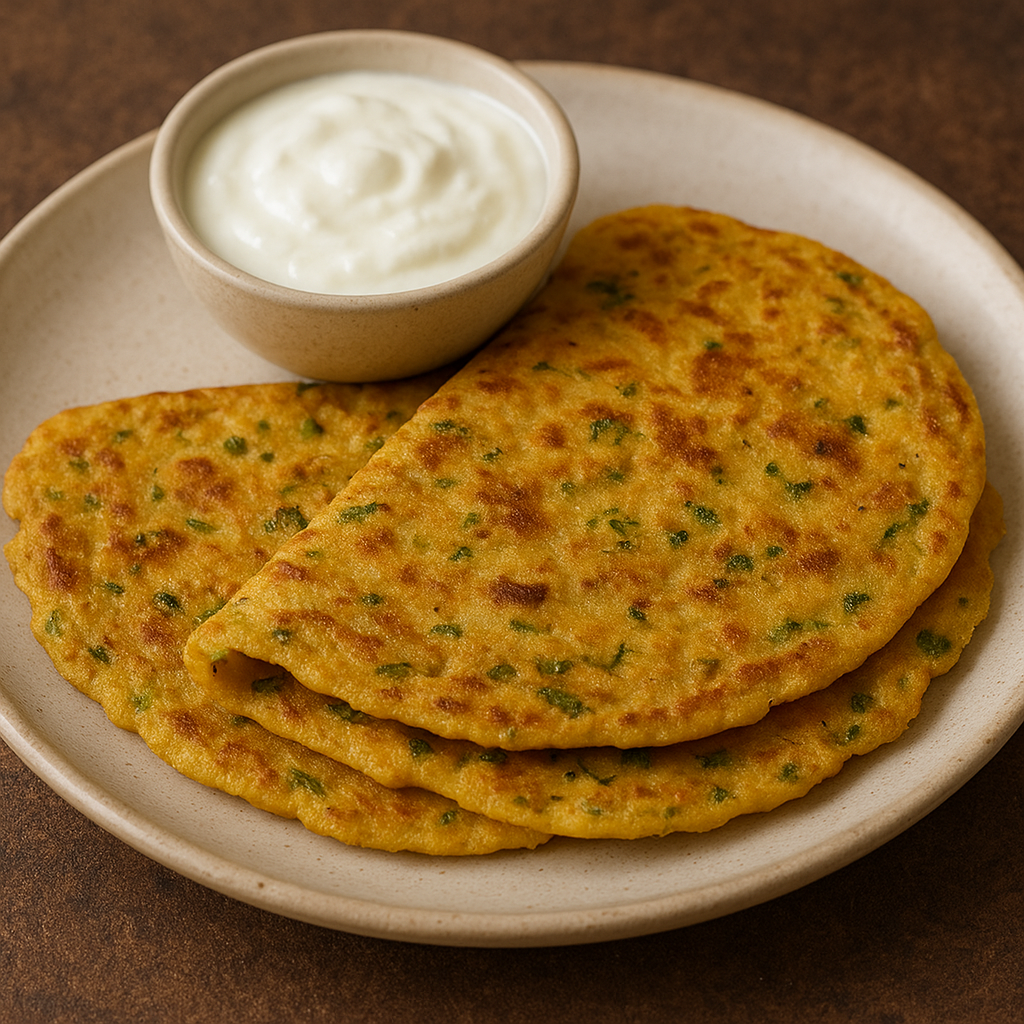 Plate of golden-brown moong dal chilla garnished with herbs, served with a bowl of curd.