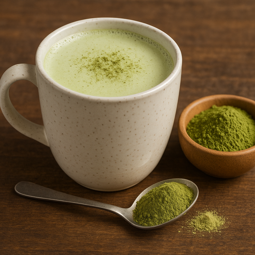 A ceramic cup of warm moringa milk with moringa powder in a bowl and spoon on a wooden table.