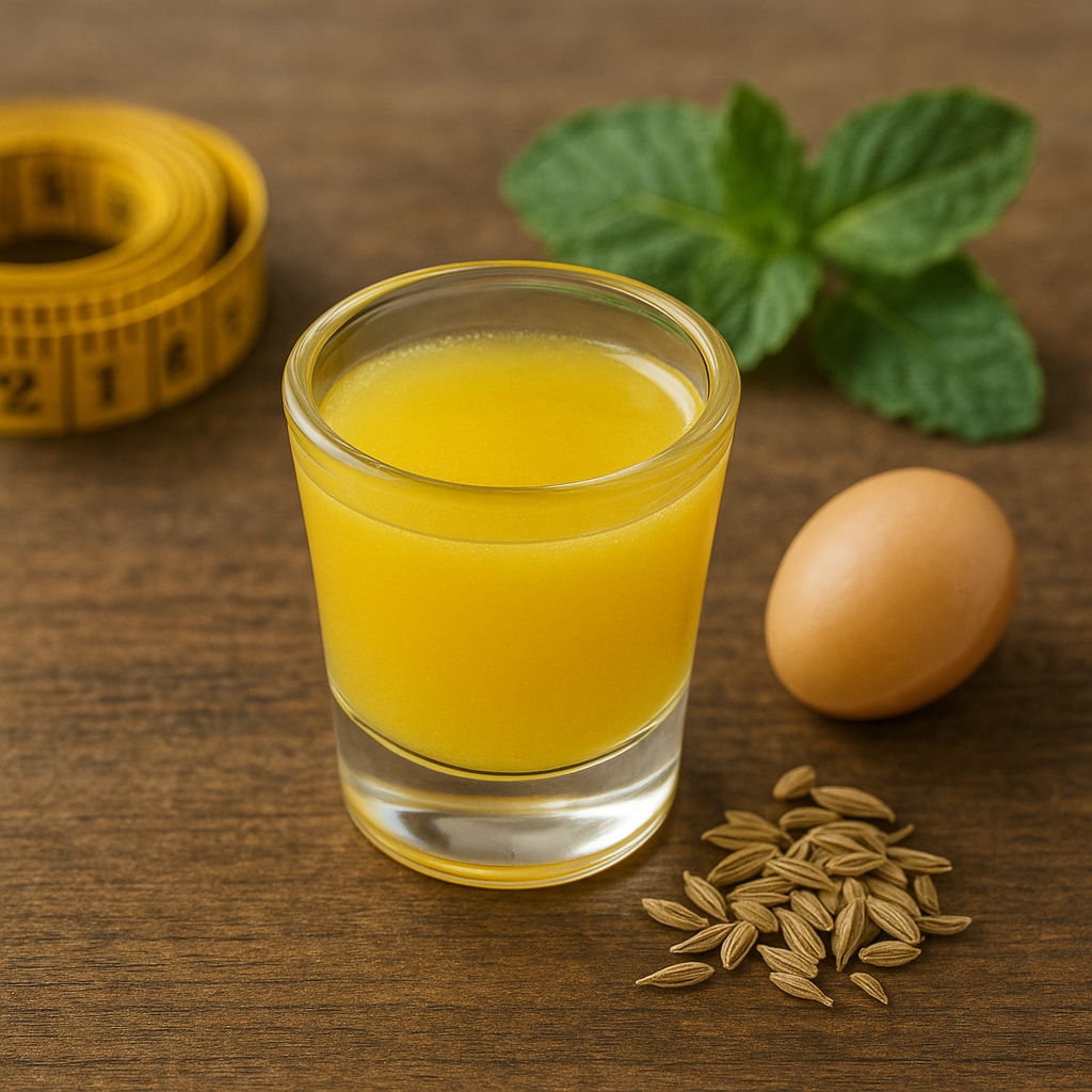 A small glass of golden ghee surrounded by fennel seeds, a measuring tape, mint leaves, and natural elements on a wooden table.