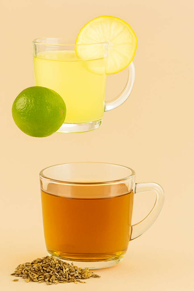 Two glass mugs on a beige background—one with warm lemon water and a lime, the other with amber-colored CCF tea surrounded by cumin, coriander, and fennel seeds. Text highlights the benefits of drinking lemon/dudhi water and sipping herbal tea.