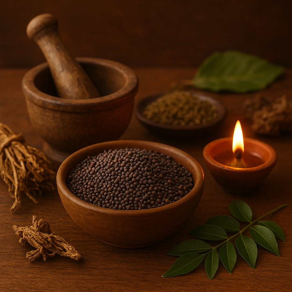 A rustic Ayurvedic setup featuring a wooden bowl of mustard seeds, surrounded by herbs, a mortar and pestle, and a lit clay oil lamp on a wooden surface.