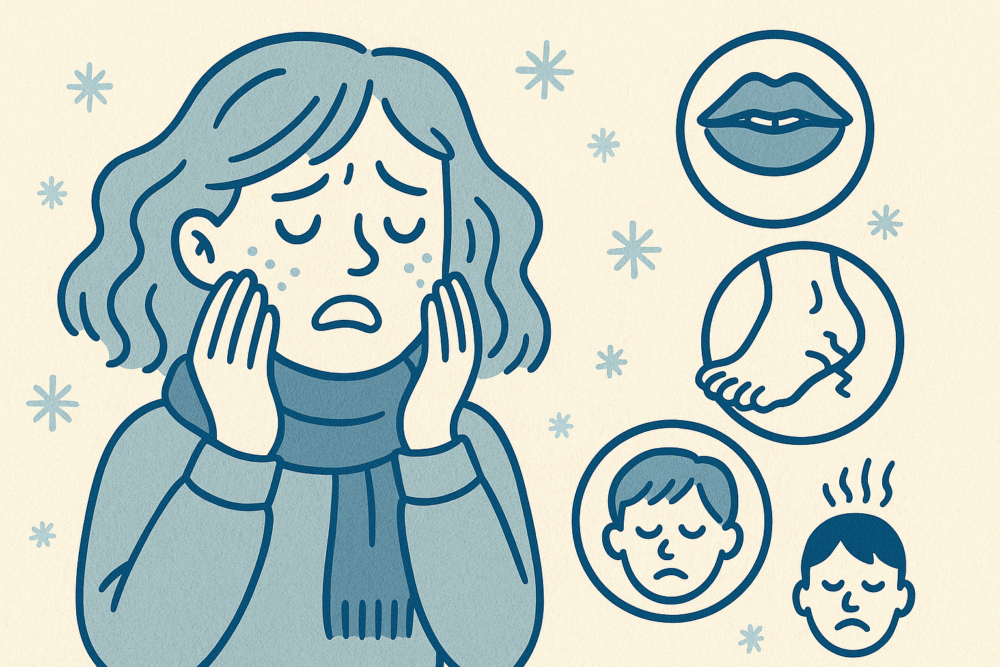“Cartoon-style winter skincare illustration showing a woman with dry skin, chapped lips, cracked heels, and itchy scalp in a cool, funky design.”