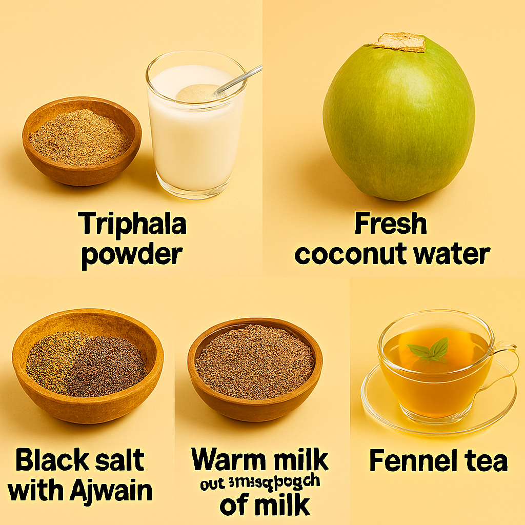 Realistic collage featuring Triphala powder in a wooden bowl, warm milk with a teaspoon of ghee in a glass, fresh coconut water in a green coconut, black salt with Ajwain seeds in a bowl, and fennel tea in a glass teacup—arranged on a warm beige background.