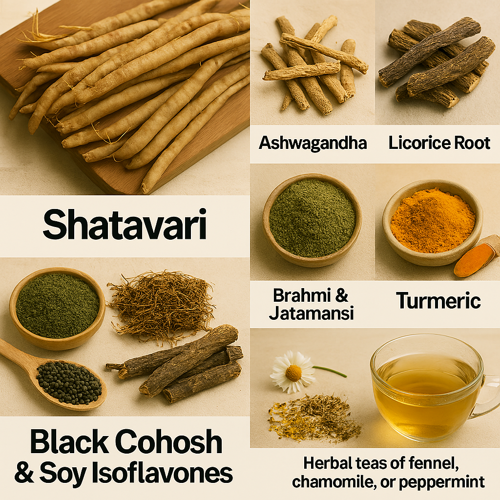 Realistic collage of Shatavari, Ashwagandha, Licorice Root, Brahmi, Jatamansi, Turmeric, Black Cohosh, Soy Isoflavones, and herbal teas made from fennel, chamomile, and peppermint—each ingredient clearly labeled and arranged with earthy tones.