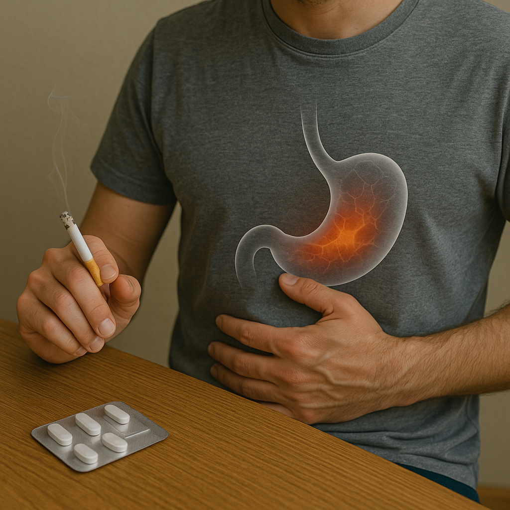 Man holding a cigarette while clutching his stomach, with an X-ray–style overlay of an inflamed stomach lining and pills on the table.