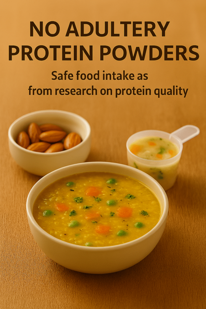 A realistic 3D image showing a bowl of dal, a bowl of chicken soup, and a small scoop of beige protein powder with almonds in the background. Text above reads “No Adultery Protein Powders – Safe food intake as from research on protein quality.”