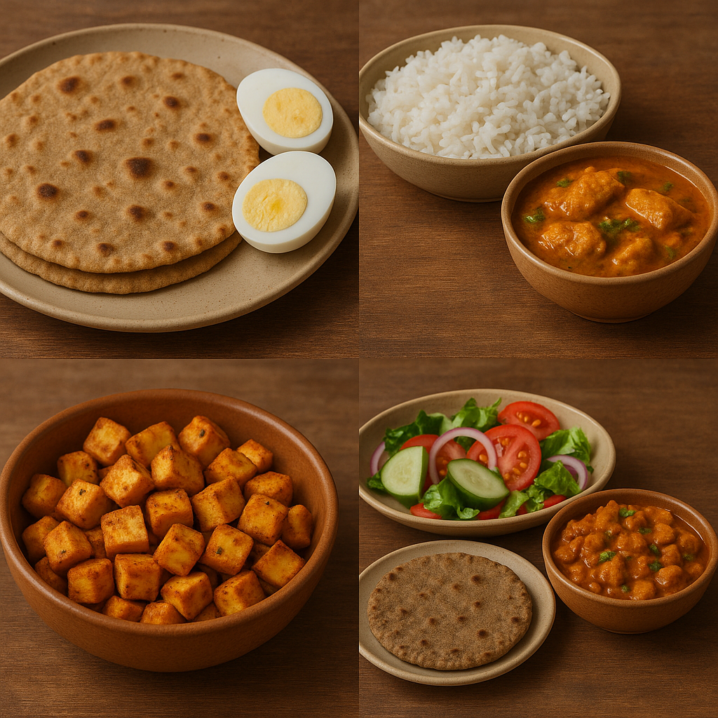 "A collage of four Indian meals: roti with boiled eggs, rice with fish curry, sautéed paneer cubes, and bajra roti with soya chunk curry and salad."