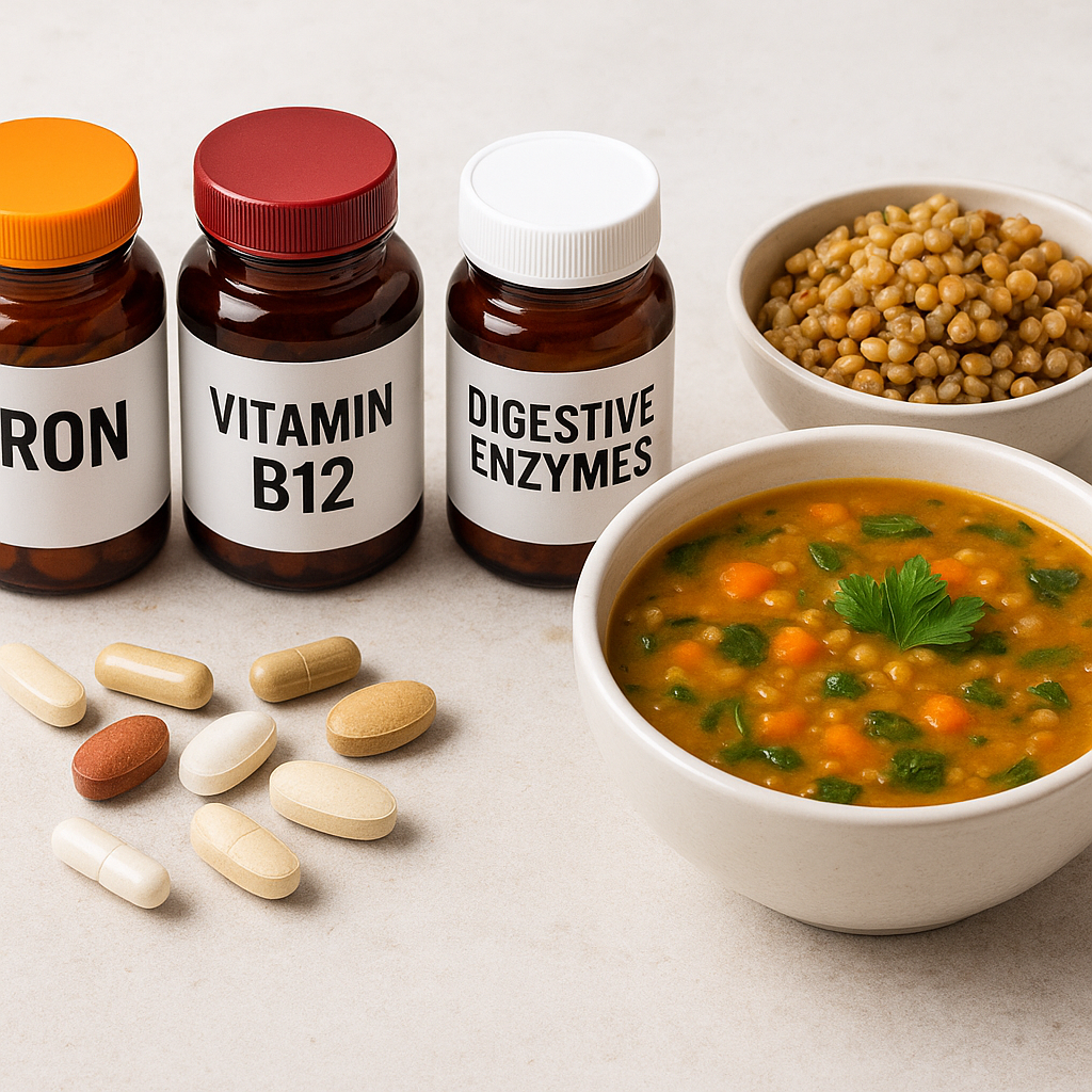 Bottles of iron, vitamin B12, and digestive enzyme supplements placed beside tablets, with a bowl of lentil soup and cooked grains on a light surface.