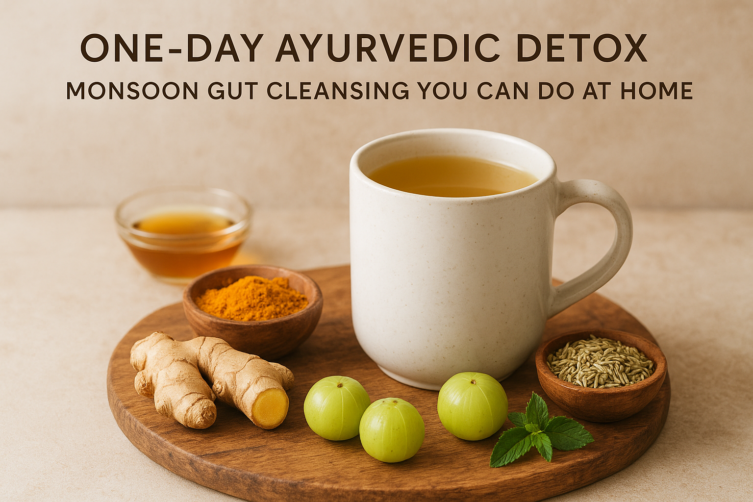 Ayurvedic detox setup with ginger, turmeric, gooseberries, fennel seeds, and herbal tea on a wooden board