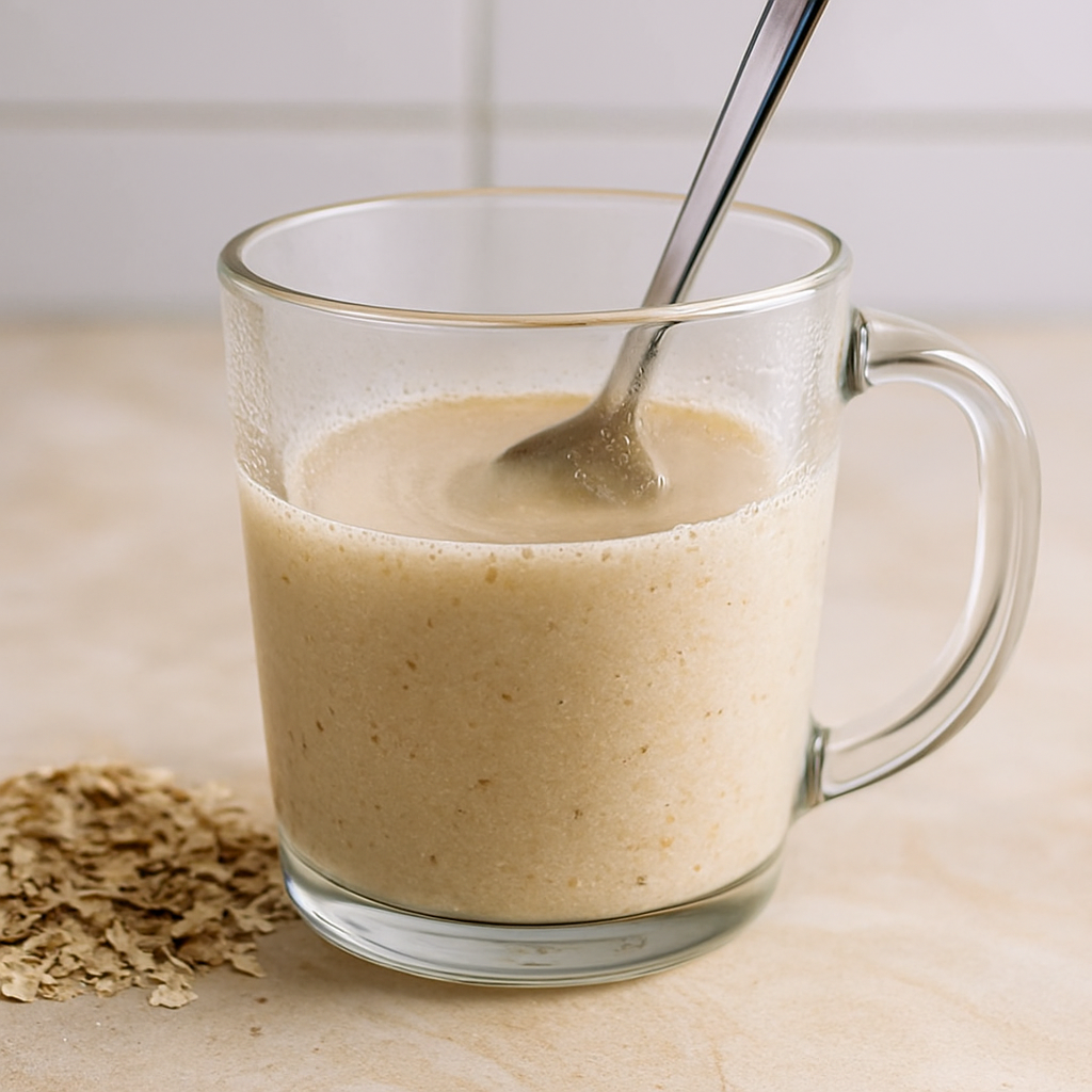 A transparent glass mug filled with a creamy oat mixture being stirred by a stainless steel spoon, placed on a beige marble countertop beside a small pile of dry rolled oats.