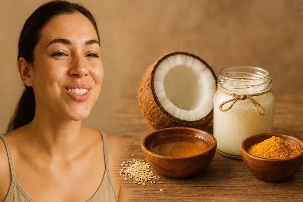 A woman with glowing skin swishes oil in her mouth, smiling gently. Beside her, coconut halves, a jar of coconut oil, a bowl of sesame oil with seeds, and turmeric powder are arranged on a rustic wooden surface, all softly lit with warm earthy tones.