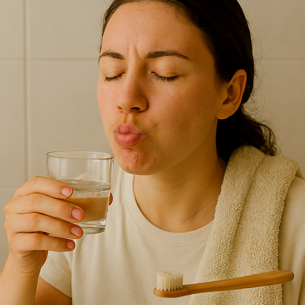 Woman swishing saltwater in her mouth with eyes closed, soft towel over shoulder and wooden toothbrush resting nearby in a serene bathroom setting.
