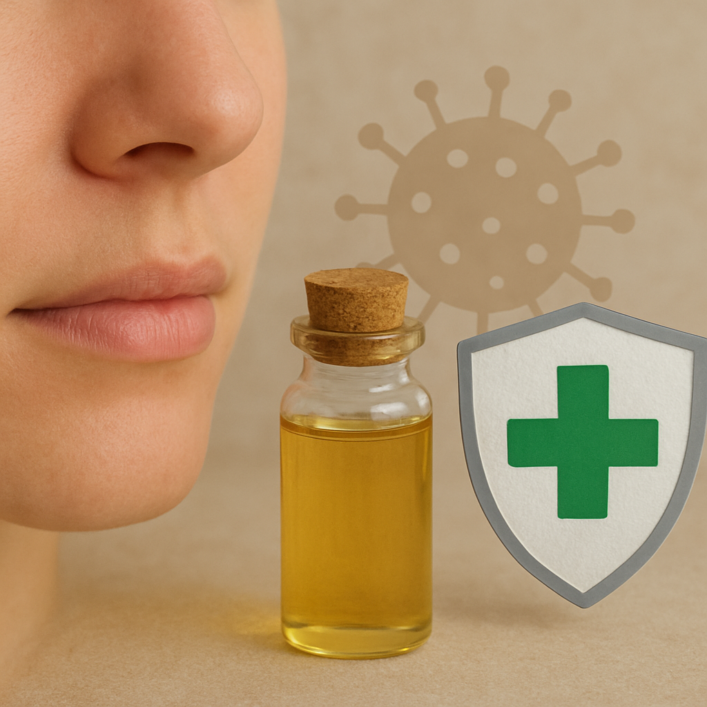 "Close-up of a person’s lower face beside a small bottle of oil and a protective shield with a green cross, symbolizing immunity."