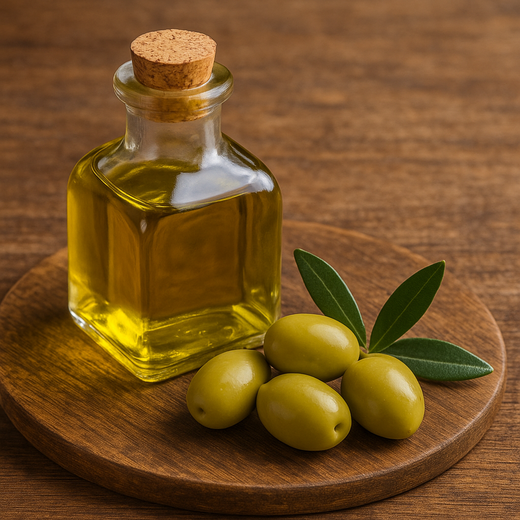 Realistic image of a glass bottle of olive oil with green olives and leaves on a wooden table, highlighting skin-loving monounsaturated fats.