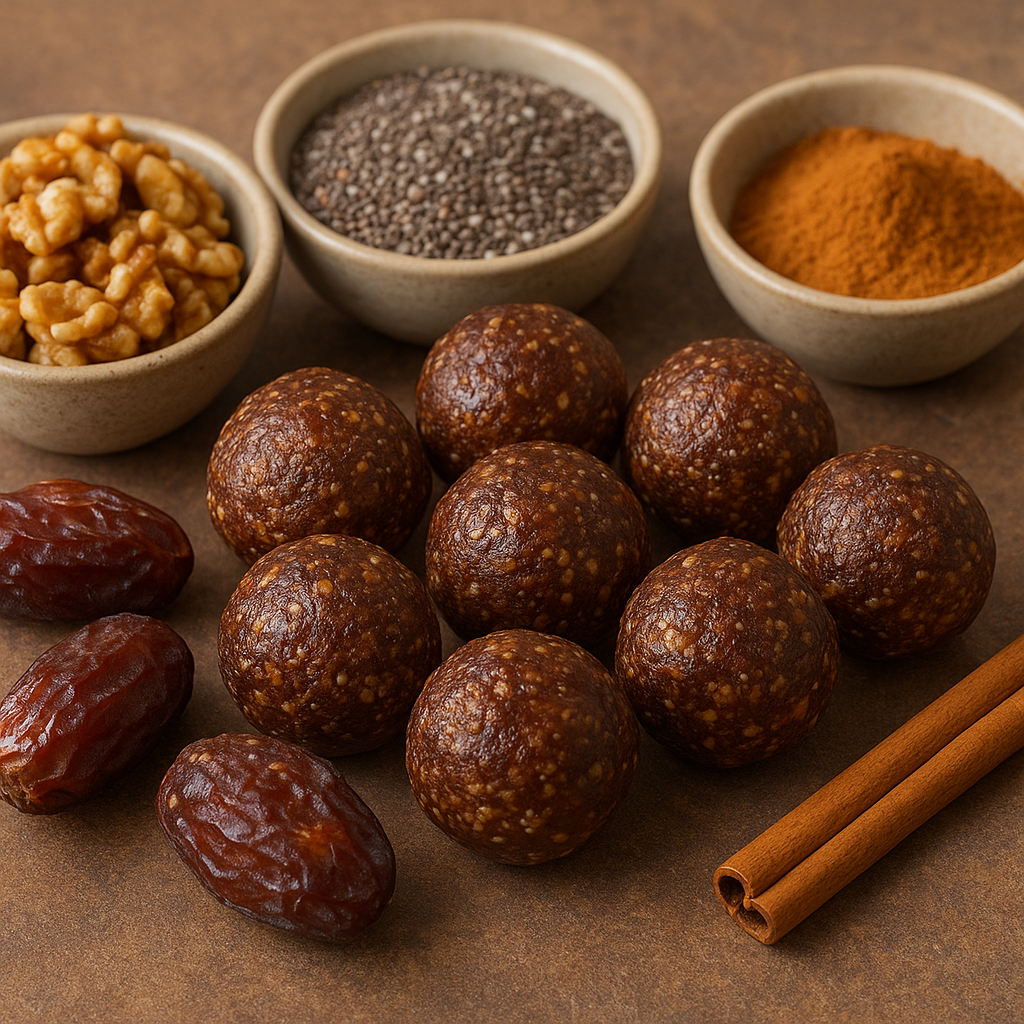 Bite-sized energy balls made from walnuts, chia seeds, flax seeds, dates, and cinnamon, displayed with the raw ingredients.