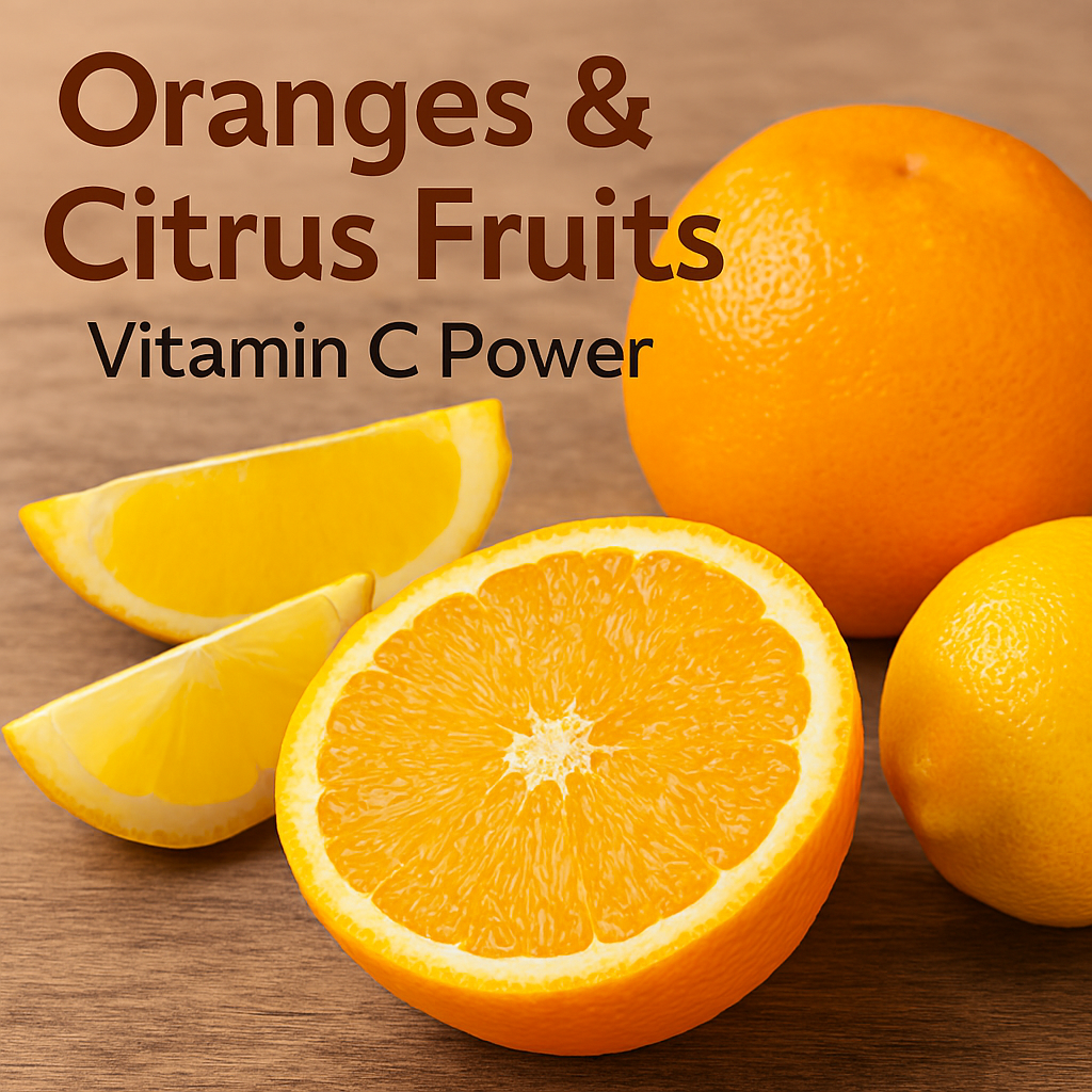 A sliced orange, whole orange, lemon wedge, and orange slice arranged on a rustic wooden surface. Text above reads “Oranges & Citrus Fruits – Vitamin C Power,” highlighting their role in skin and immune health.