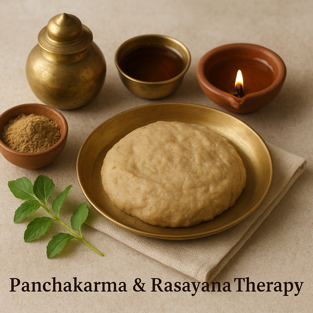 Ayurvedic setup with brass vessels, herbal oil, fresh herbs, powdered medicine, and a lit oil lamp arranged for Panchakarma and Rasayana Therapy.