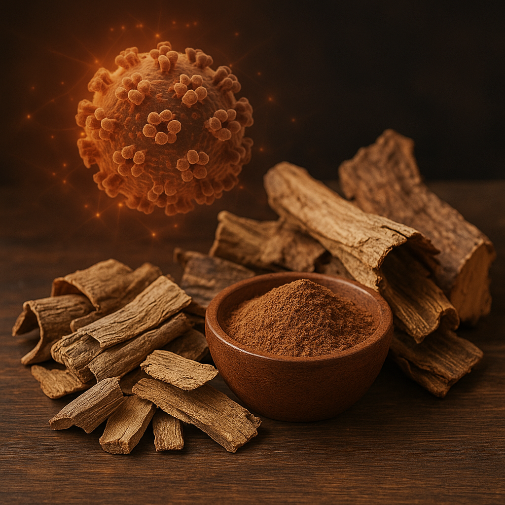 Realistic image of Panchavalkala bark blend and powdered extract on a wooden surface with glowing HPV virus particle in the background symbolizing anti-cancer activity.