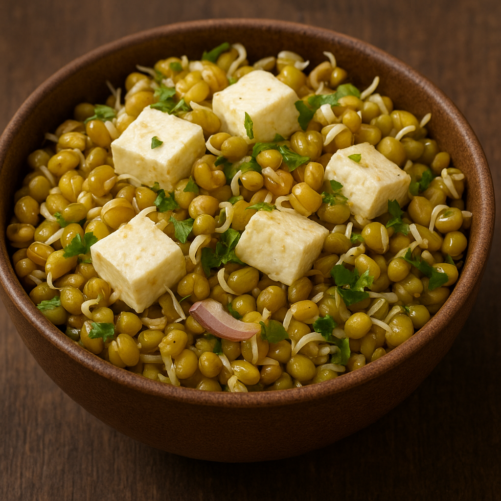 A bowl of paneer cubes mixed with sprouted moong beans, garnished with fresh cilantro and onion slices