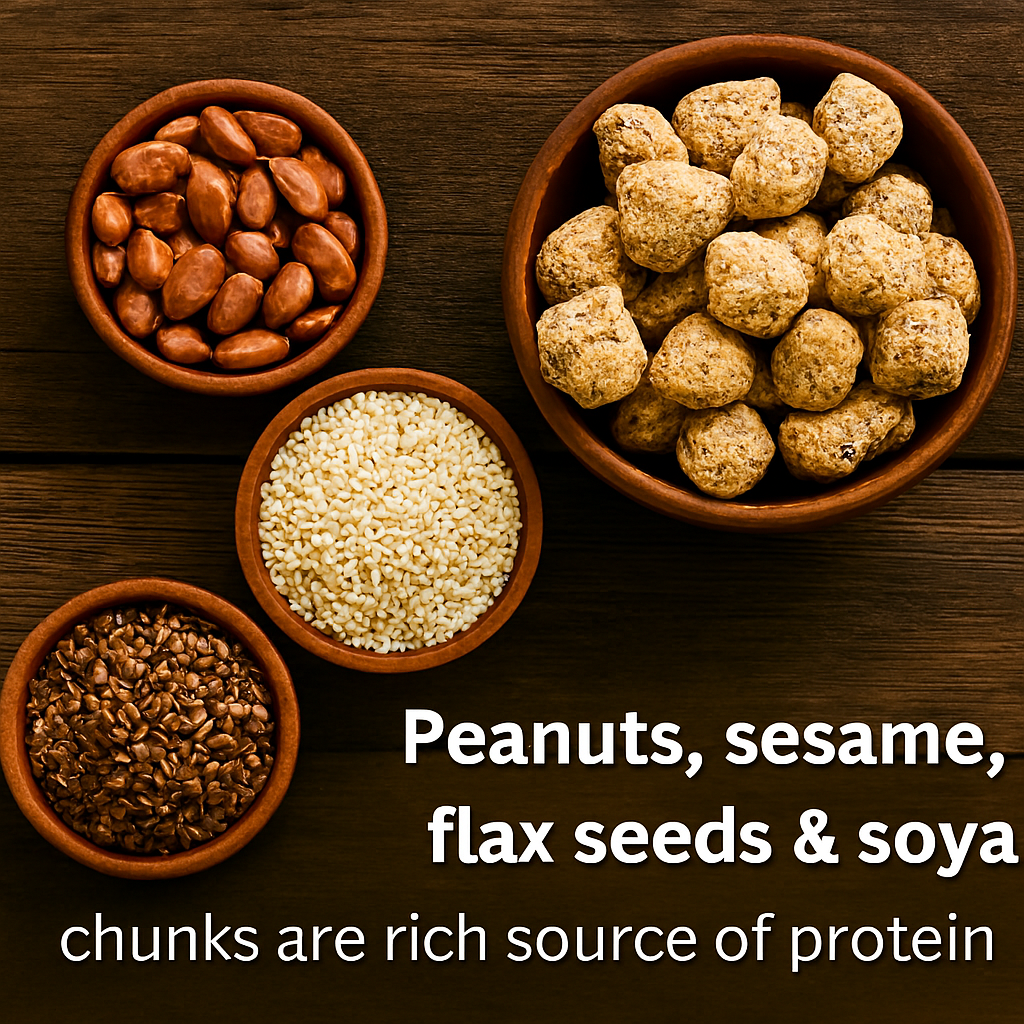 Flat lay of three terracotta bowls filled with peanuts, sesame seeds, and flax seeds, alongside a wooden bowl of soya chunks on a rustic wooden surface with a caption highlighting their protein richness.