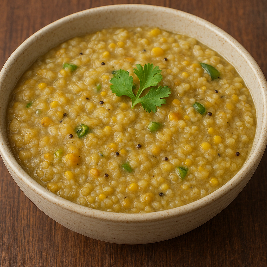 A bowl of pearl millet bajra khichdi garnished with green chili, mustard seeds, and fresh coriander.