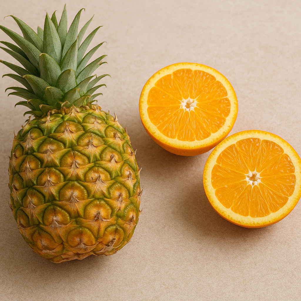 A whole pineapple and two halves of a fresh orange placed on a beige surface, representing acidic fruits linked to morning reflux.