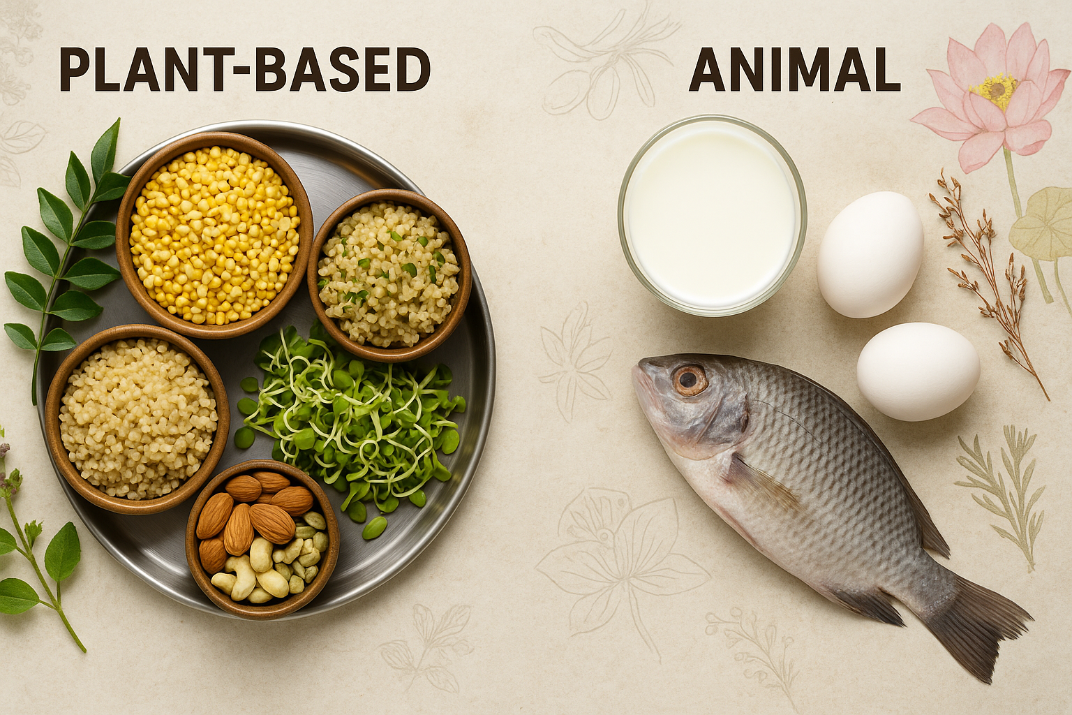 A split image showing plant-based proteins like lentils, quinoa, sprouts, and nuts on one side, and animal proteins like milk, eggs, and fish on the other, with Ayurvedic herbal motifs in the background.