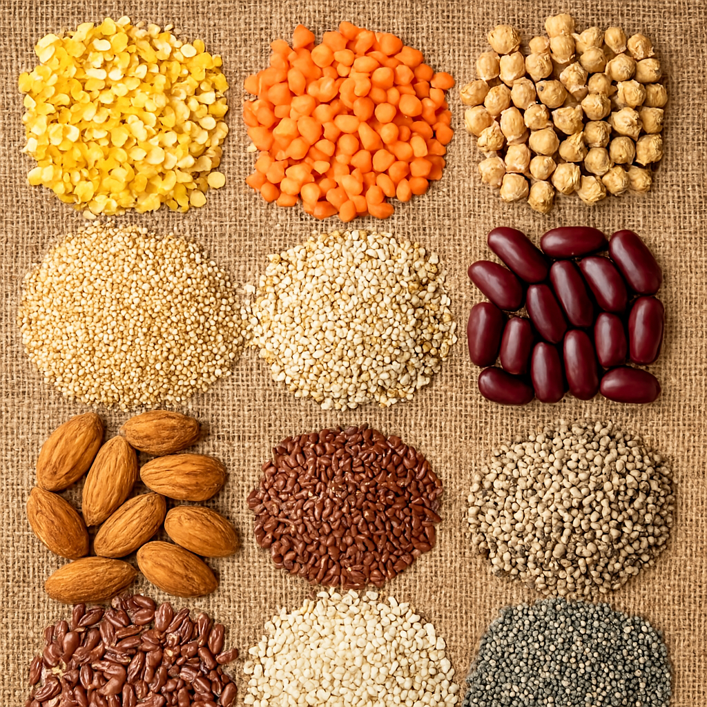 Assorted grains, legumes, seeds, and nuts arranged in a 3x4 grid on a burlap background, featuring moong dal, masoor dal, chana, rajma, amaranth, quinoa, buckwheat, almonds, flaxseeds, sesame, ragi, and bajra.