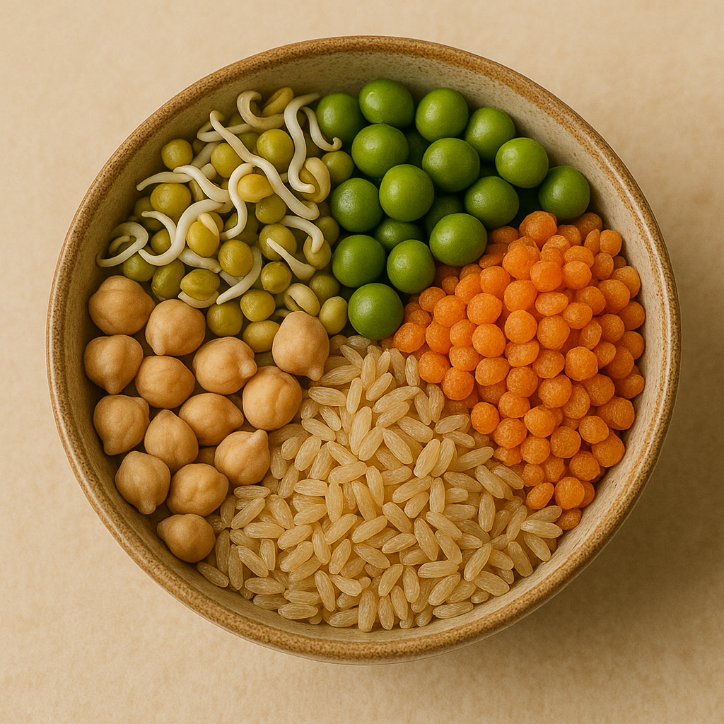 A bowl containing rice, chickpeas, lentils, peas, and sprouted legumes, symbolizing protein-rich vegetarian meals with soaking, sprouting, and fermenting benefits.