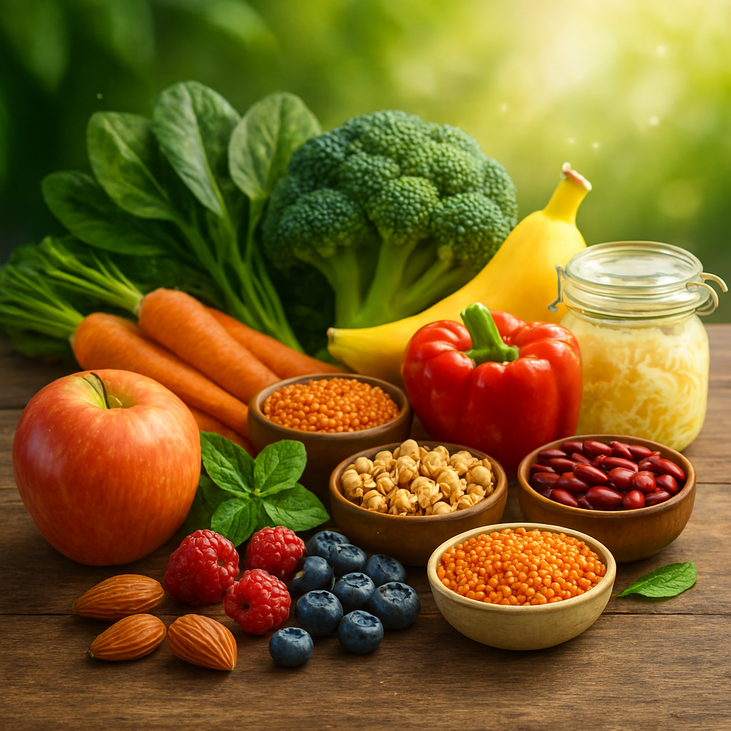 Colorful assortment of fresh fruits, vegetables, legumes, and a jar of sauerkraut arranged on a rustic wooden table, with bright natural light and a leafy green background symbolizing freshness and gut health.